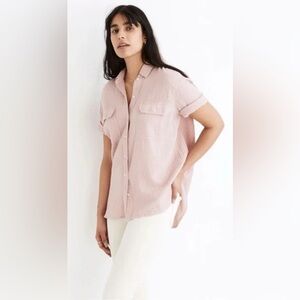 Madewell cotton gauze button down camp shirt, pink, small
